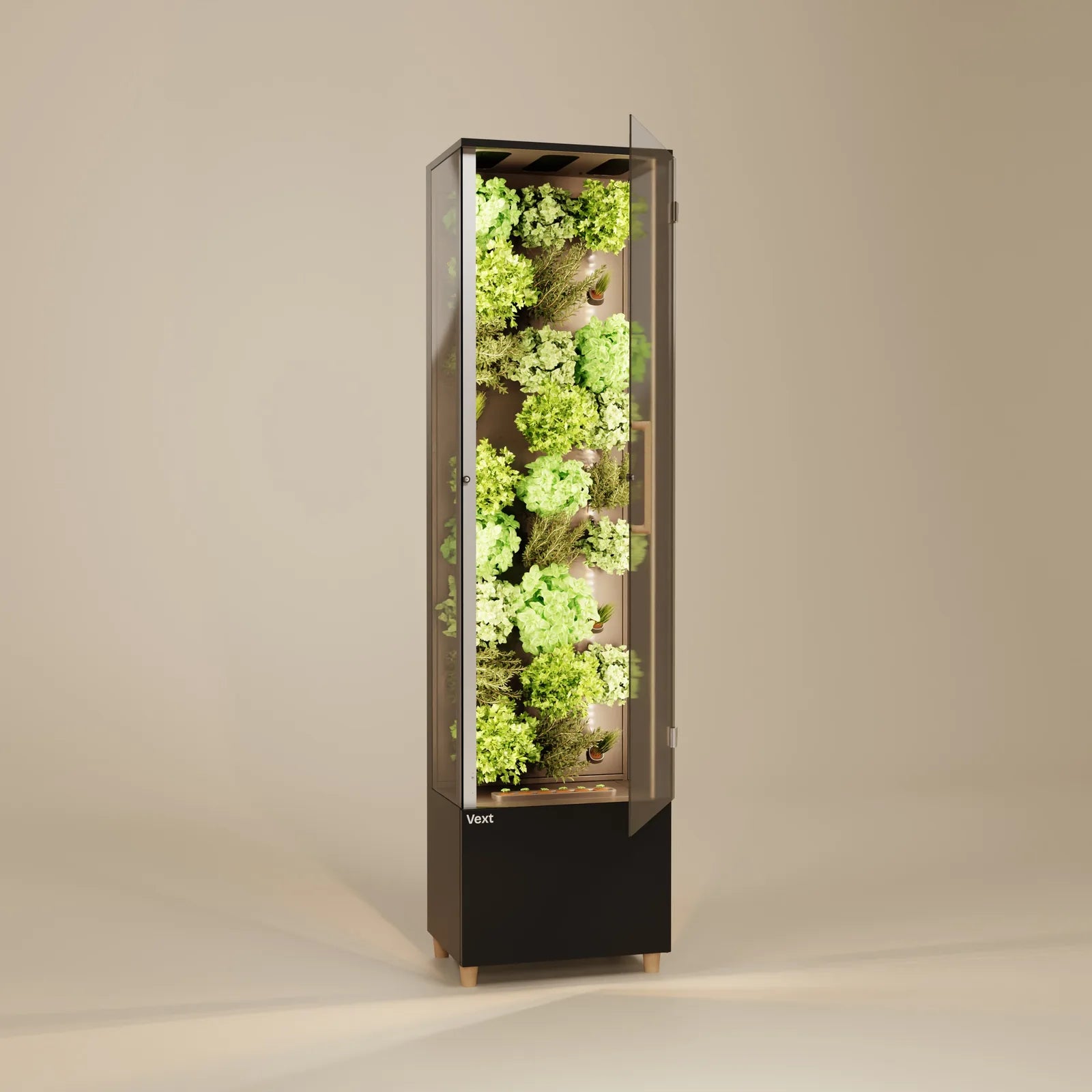 Vext 2.0. Door open, plant wall lit.