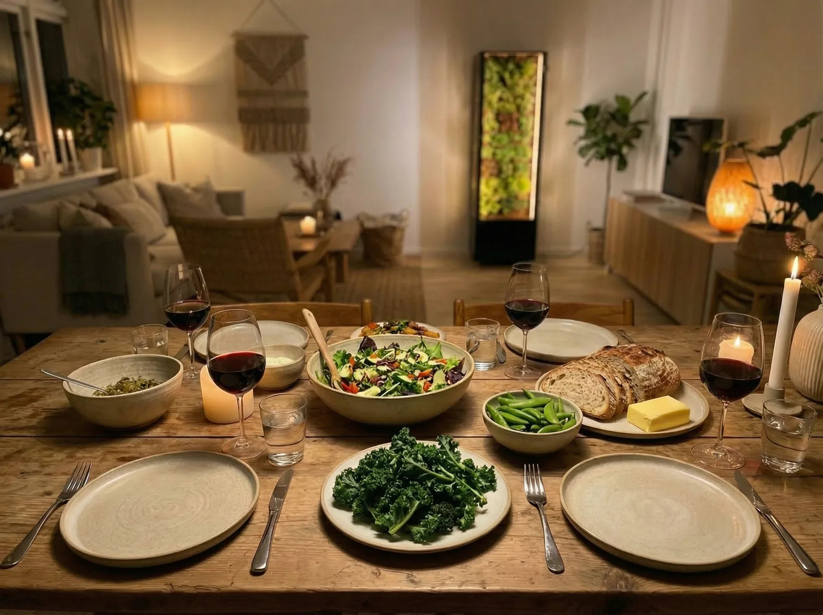 Friends around a dinner table with a Vext cabinet glowing behind them